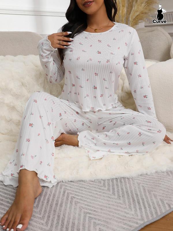  Two-Piece Set Ditsy Floral Print Lettuce Trim Tee & Elastic Waist Pants Pyjama, Casual Comfy Round Neck Long Sleeve Top & Trousers Set, Women's Sleepwear for Spring & Fall