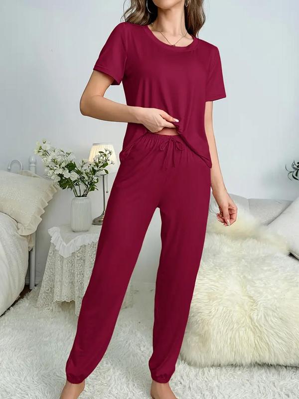 Women's Solid Tie Front Two-Piece Pyjama Set, Casual Round Neck Short Sleeve Tee & Elastic Waist Pants PJ Set, Ladies Summer Sleepwear for Daily Wear