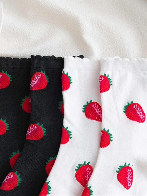 Women's 2 Pairs Strawberry Print Jacquard Crew Socks, Fall Wear, Fallfreshness Casual Moisture Wicking Socks, Soft Comfy Breathable Socks For All Seasons Daily Wear