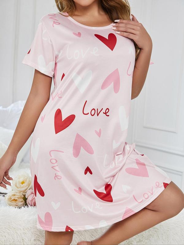 Women's Heart & Letter Print Round Neck Nightdress, Casual Soft Comfortable Short Sleeve Nightgown for Daily Home Wear, Ladies Sleepwear for All Seasons