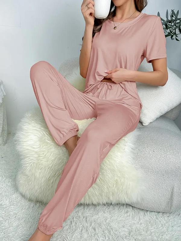 Women's Solid Tie Front Two-Piece Pyjama Set, Casual Round Neck Short Sleeve Tee & Elastic Waist Pants PJ Set, Ladies Summer Sleepwear for Daily Wear