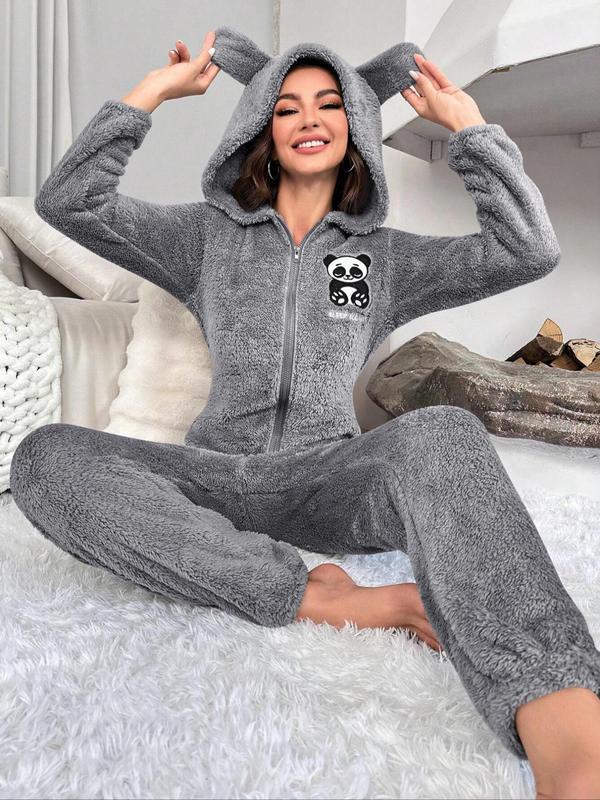 Women's Panda Embroidery Zipper Flannel Hooded Onesie Pajamas, Cute Long Sleeve Pj Onesie for Fall & Winter, Women's Sleepwear for Indoor Wear Onesies Pajama