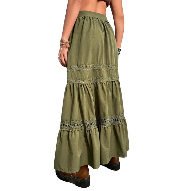 Women Long Skirt, Vintage Lace Patchwork Loose Summer Ladies Skirt for Casual Daily Fashion Light Womenswear Bottoms