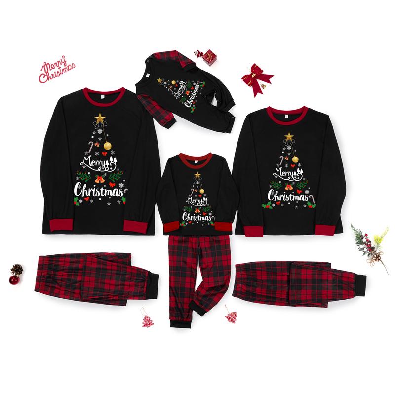 HOT Family Matching Christmas Pajamas, Letter & Snowflake Print Long-Sleeved Tops + Plaid Pants Sleepwear Outfits Xmas Pj's Clothes Homewear Loungewear Nightwear Womenswear Baby