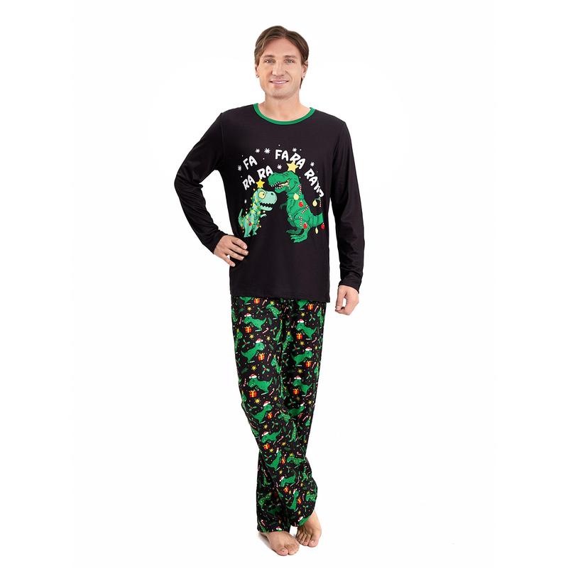 Black Green Matching Christmas Pajamas For Family Black Long Sleeve Letter Print Tops and Dinosaur Print Pants Sleepwear