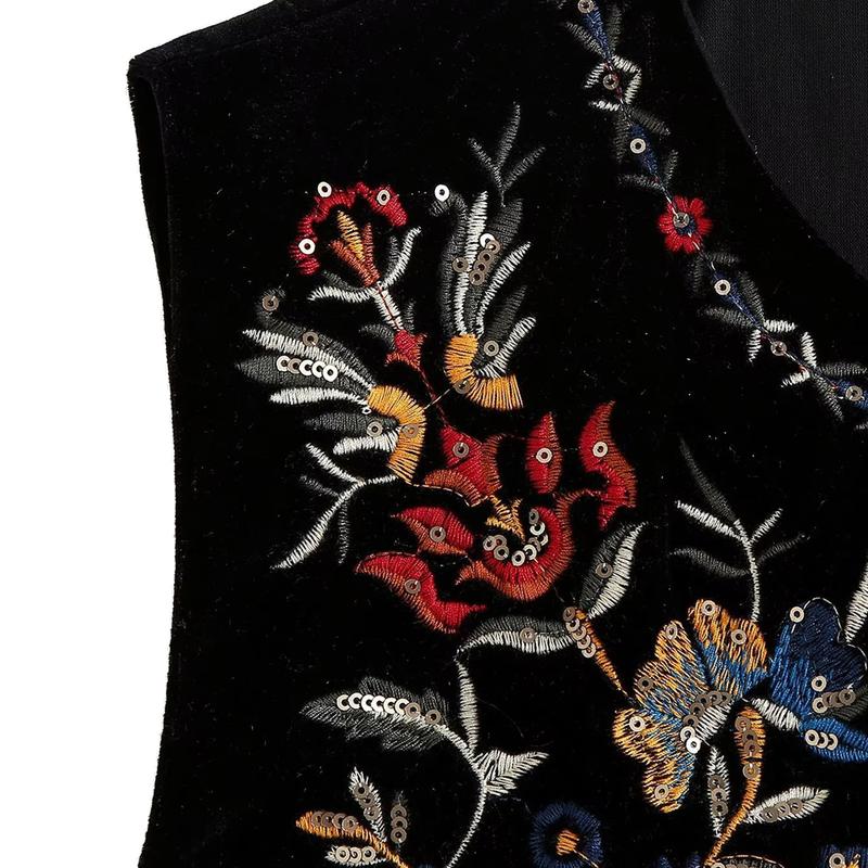 Embroidered Floral Vest for Women Sleeveless Open Front Crop Top Vintage Boho Crochet Vests Cardigan Blouse