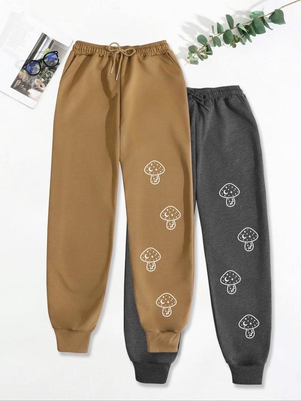 Women's Mushroom Print Drawstring Waist Sweatpants, Casual Pocket Design Pants for Fall & Winter, Women's Trousers for Daily Wear