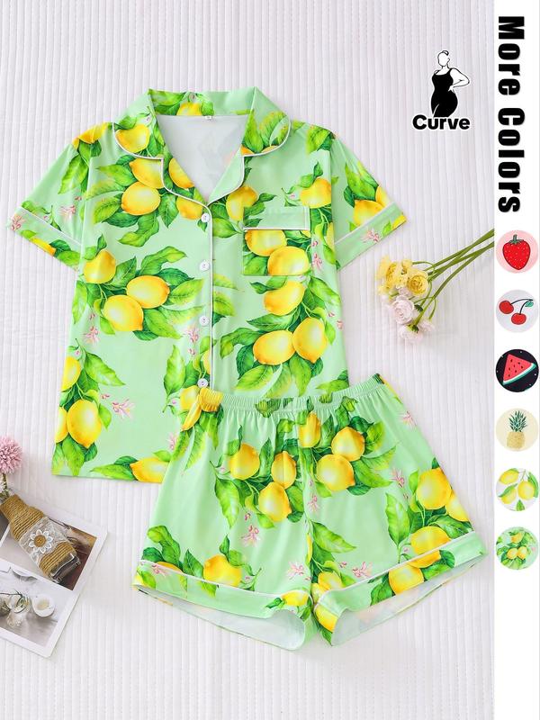  Two-Piece Set Fruits Print Lapel Neck Button Front Pocket Shirt & Shorts Pyjama, Casual Comfy Short Sleeve Top & Elastic Waist Shorts PJ Set, Women's Sleepwear for Summer