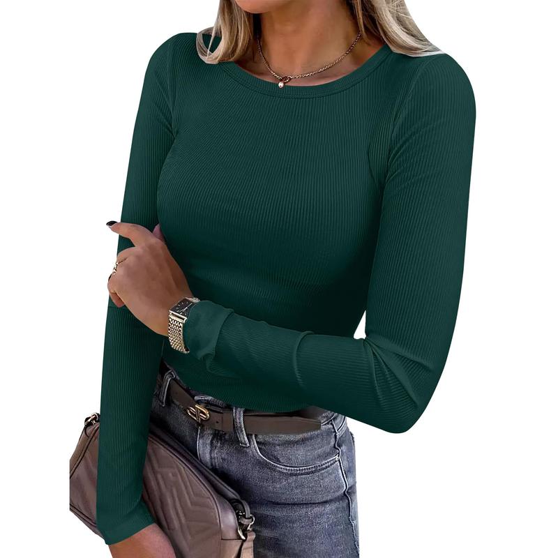 ANRABESS Women Long Sleeve Crewneck Rib Knit Slim Fit Shirts Basic Tee Tops 2024 Casual T-Shirt Going Out Workout Outfits