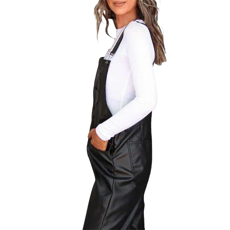 Women Leather Bib Overalls Solid Color Loose Casual Sleeveless Cargo Straight Leg Jumpsuit Romper with Pockets