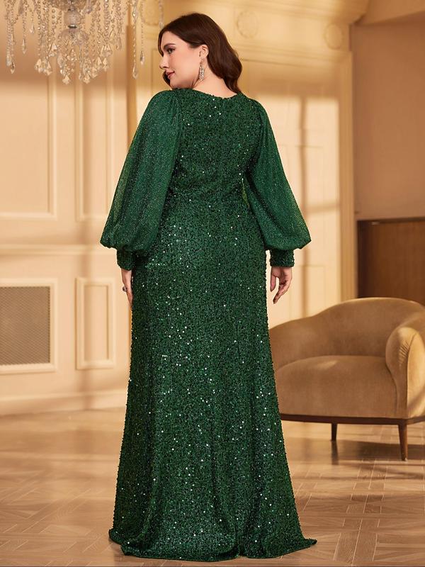 Plus Size Lantern Sleeve Glitter Sequin Evening Dress, Elegant Deep V Neck Zipper Back Long Sleeve Maxi Dress for Party & Banquet, Dresses for Women, Women's Plus Size Clothing