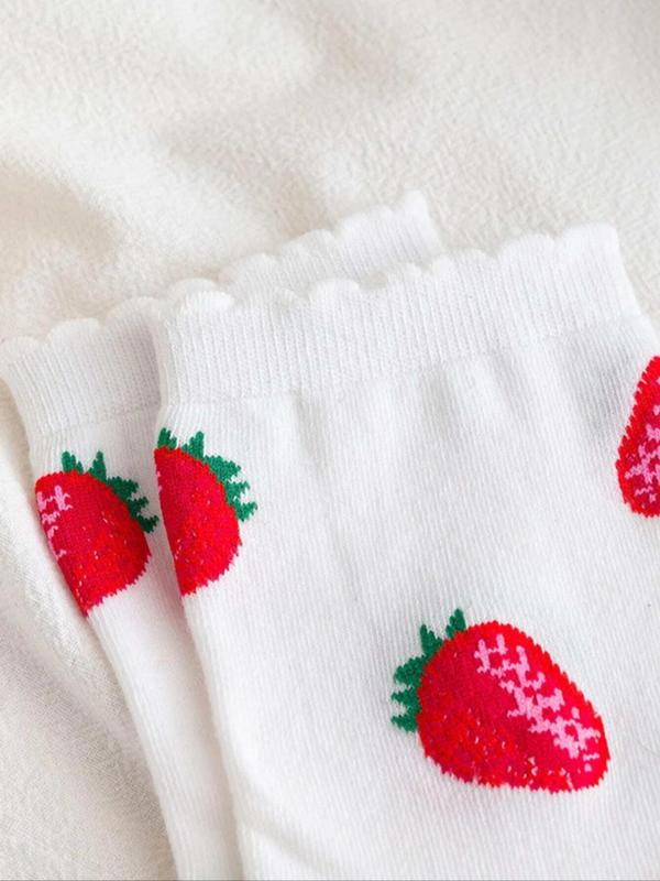 Women's 2 Pairs Strawberry Print Jacquard Crew Socks, Fall Wear, Fallfreshness Casual Moisture Wicking Socks, Soft Comfy Breathable Socks For All Seasons Daily Wear