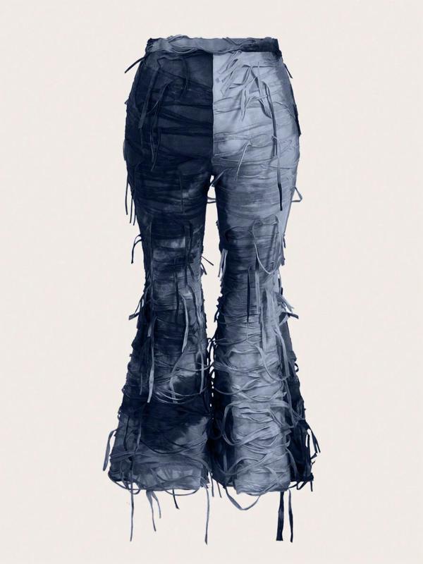  Tie Dye Print Ripped Flare Leg Pants, Fashion Casual Bell Bottom Trousers for Daily Outdoor Wear, Women Clothing for All Seasons