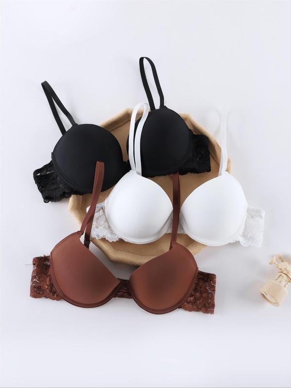 Women's 3pcs Contrast Lace Adjustable Strap Bra, Solid Color Push Up Bra, Comfortable Breathable Lingerie for Daily Wear