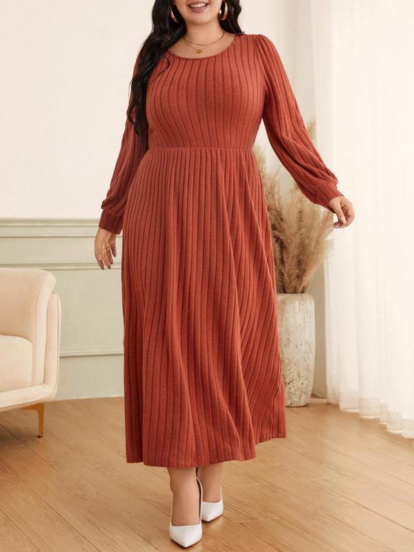 CURVZY Plus Size Solid Bishop Sleeve Ribbed A Line Dress, Casual Long Sleeve Round Neck Dress for Fall & Winter, Women's Clothes for Daily Wear