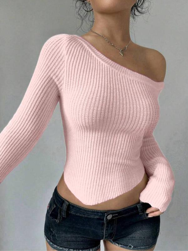 Women's Plain Asymmetrical Neck Crop Sweater, Casual Long Sleeve Asymmetrical Hem Jumper for Spring & Fall, Fashion Women's Knitwear for Daily Wear