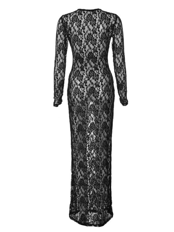 Women's Sheer Lace Long Sleeve Sheer Mermaid Dress, Sexy Round Neck See Through Long Dress for Party Club Dating Wear, Ladies Spring & Fall Clothes