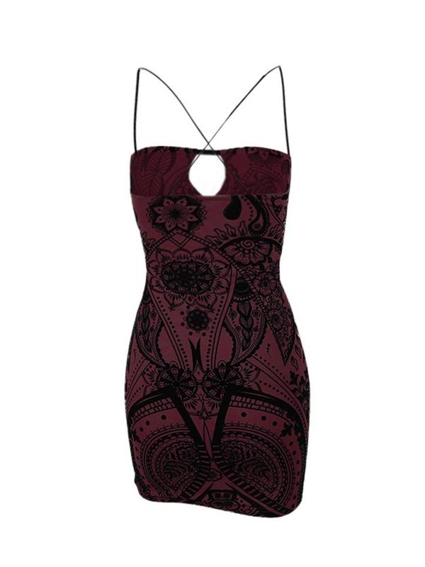 Women's Paisley Print Criss Cross Cut Out Backless Bodycon Cami Dress, Fall Outfits, Boho Spaghetti Strap Mini Dress for Beach Holiday Vacation, Ladies Fall Outfits 2024, Fall Dresses for Women, Birthday Gifts, Hoco Dresses Black Girls Casual Wear