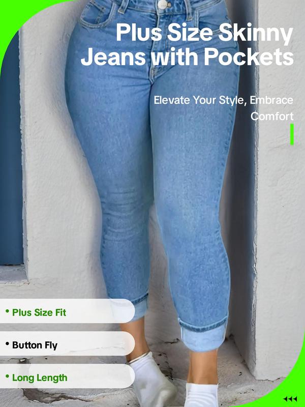 Plus Size Plain Pocket Button Fly Skinny Jeans, Casual Streetwear, Jeans for Women, Fall Outfits, Fallfreshness Fashion Casual Denim Pants for Daily Outdoor Wear for Fall, Pants for Women, Women Plus Clothing for Fall, Designer Jeans, Fall Clothes