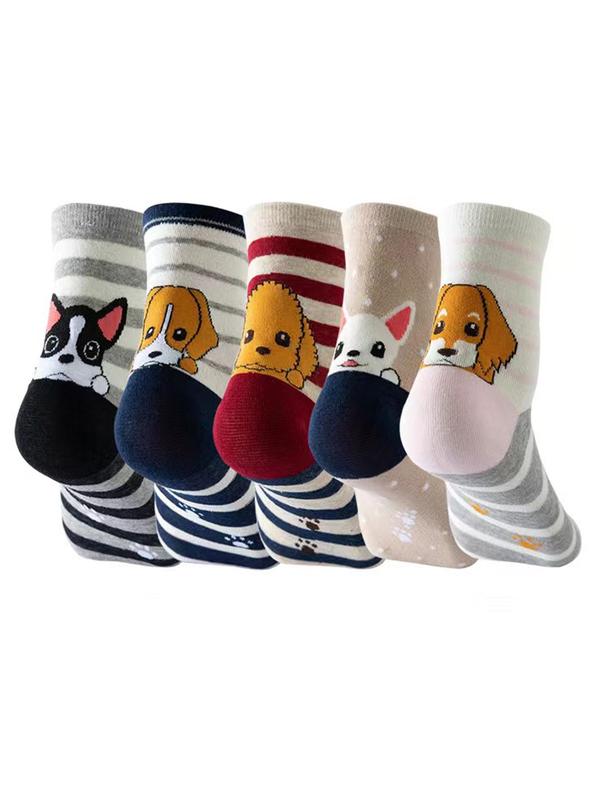 Women's 5 Pairs Cartoon Animal & Stripe Print Crew Socks, Casual Moisture Wicking Socks, Soft Comfy Breathable Socks for All Seasons Daily Wear