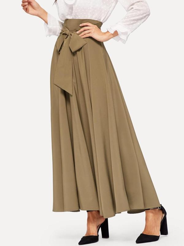 Women's Bow Front High Waist Skirt, Elegant Solid Color Long Skirt for Party Holiday Wedding Guest, Ladies Bottoms for All Seasons