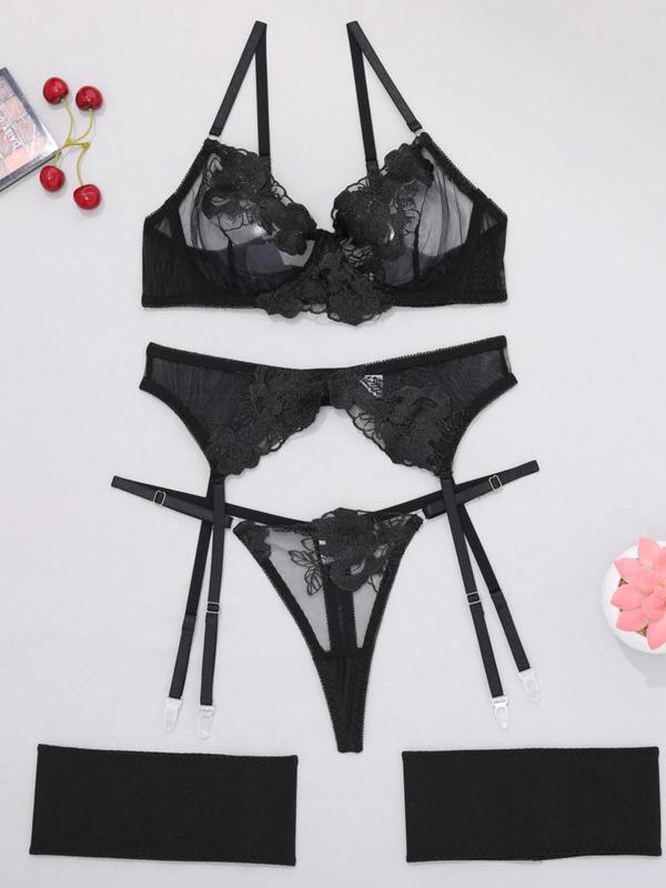 Women's Floral Embroidered Lingerie Set, Elegant Push Up Bra & Thong & Garter Belt, Women Sexy Lingeries & Costumes