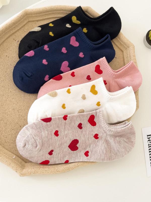 Women's 5 Pairs Heart Print Ankle Socks, Cute Comfy Breathable Low Cut Socks for Women, Multi-pack Knit Socks for Daily Wear, Women's Socks & Hosiery, Comfort Lady Womenswear