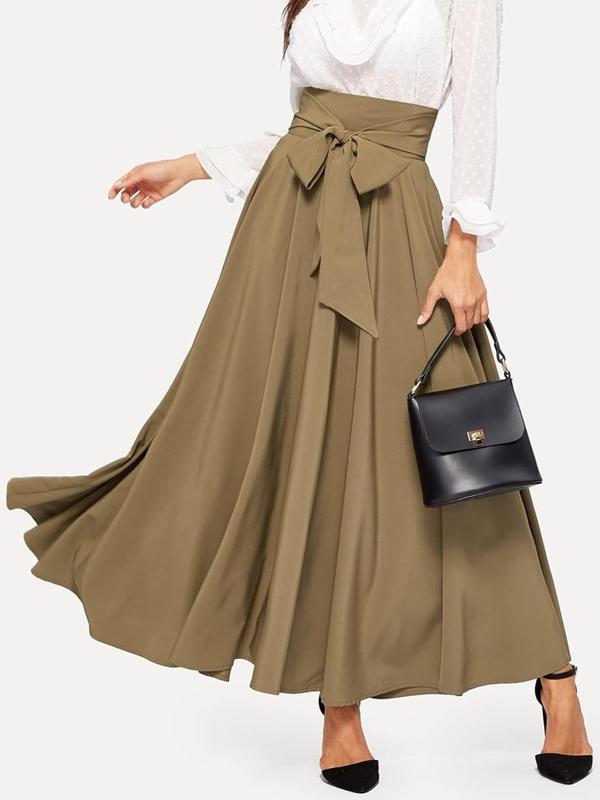 Women's Bow Front High Waist Skirt, Elegant Solid Color Long Skirt for Party Holiday Wedding Guest, Ladies Bottoms for All Seasons