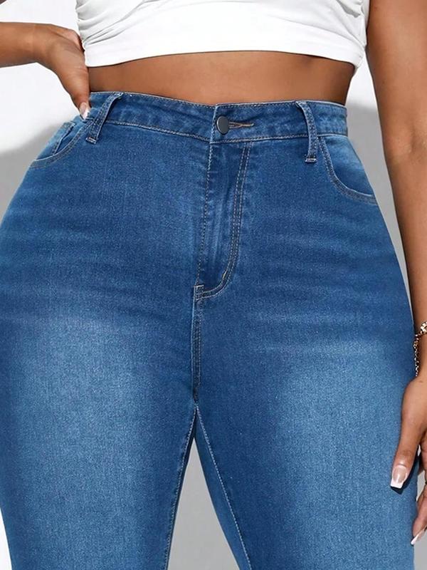 Plus Size Women's Plain High Waist Pocket Vintage Skinny Jeans, Plus Casual Fashion Stretchy Button Denim Pants for Daily Wear, Summer Pants, Summer Bottoms, Women Plus Clothing for Summer