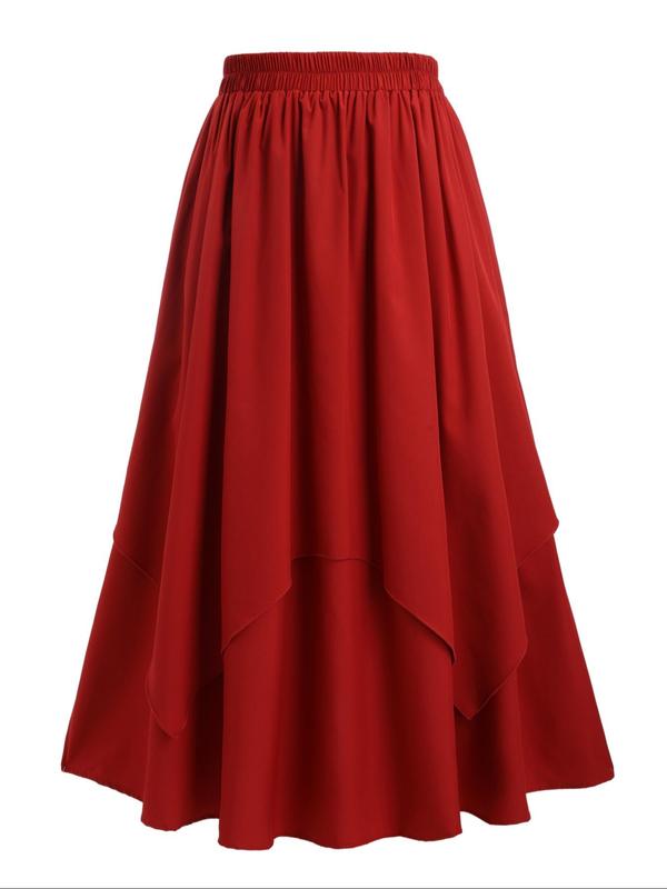  Solid Tiered Layer Flared Skirt, Casual Fashion A Line Skirt for Daily Outdoor Wear, Women Clothing for Fall & Winter