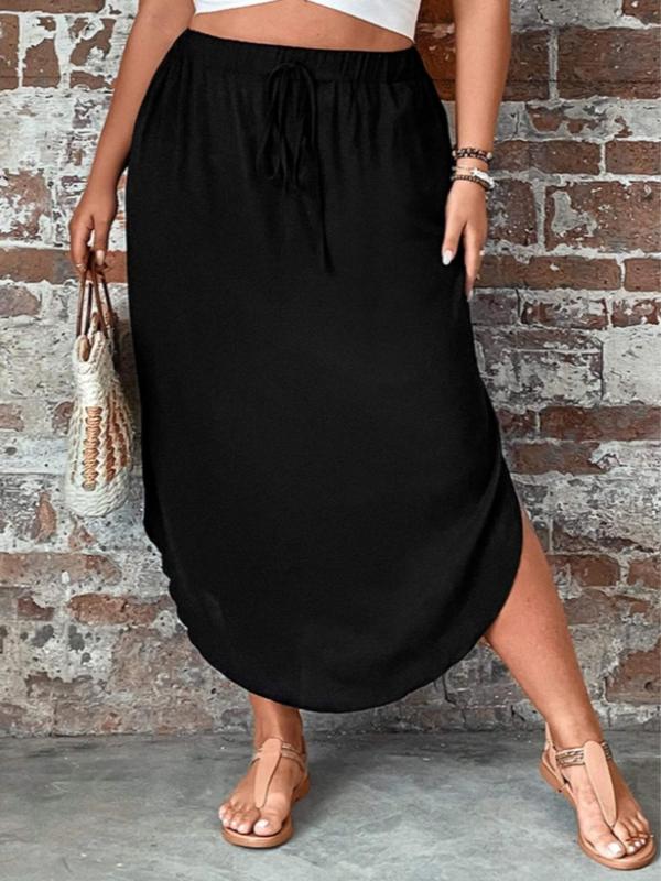  Solid Color Tie Front Split Curved Hem Skirt, Casual Elastic Waist Long Skirt for Summer, Women's Bottoms for Daily Wear