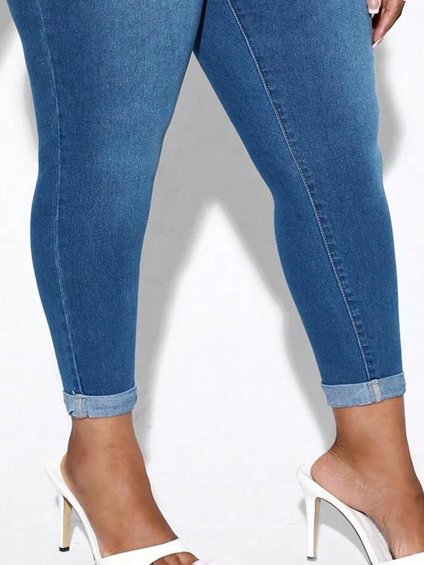 Plus Size Women's Plain High Waist Pocket Vintage Skinny Jeans, Plus Casual Fashion Stretchy Button Denim Pants for Daily Wear, Summer Pants, Summer Bottoms, Women Plus Clothing for Summer