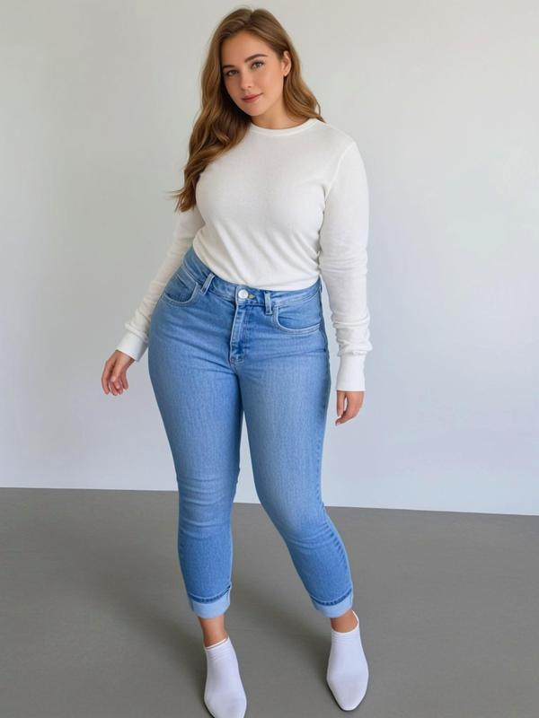 Plus Size Plain Pocket Button Fly Skinny Jeans, Casual Streetwear, Jeans for Women, Fall Outfits, Fallfreshness Fashion Casual Denim Pants for Daily Outdoor Wear for Fall, Pants for Women, Women Plus Clothing for Fall, Designer Jeans, Fall Clothes