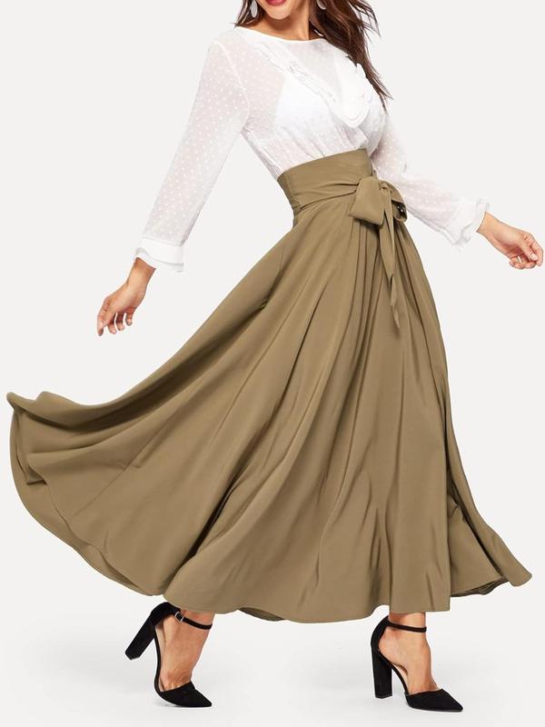 Women's Bow Front High Waist Skirt, Elegant Solid Color Long Skirt for Party Holiday Wedding Guest, Ladies Bottoms for All Seasons