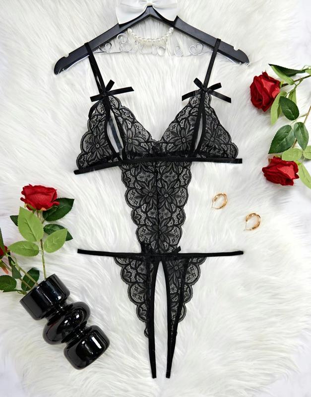 Women Teddy Lingerie Lace Teddy Bodysuit Deep V Teddy Sexy lingerie One Piece Adjustable straps and backless Crotchless Bodysuit boudoir nightwear sleepwear Lace open cup lingerie spaghetti strap Lingerie Outfit Soft