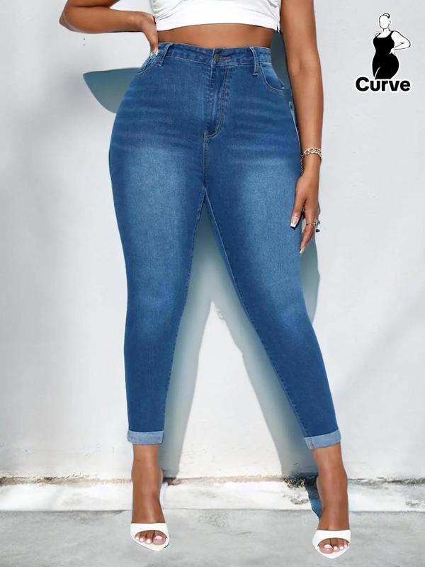 Plus Size Women's Plain High Waist Pocket Vintage Skinny Jeans, Plus Casual Fashion Stretchy Button Denim Pants for Daily Wear, Summer Pants, Summer Bottoms, Women Plus Clothing for Summer