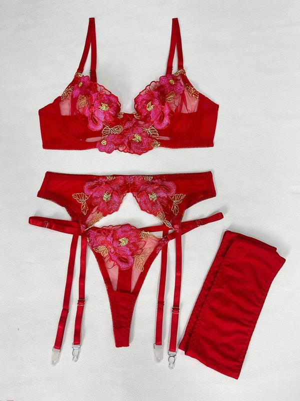 Women's Floral Embroidered Lingerie Set, Elegant Push Up Bra & Thong & Garter Belt, Women Sexy Lingeries & Costumes