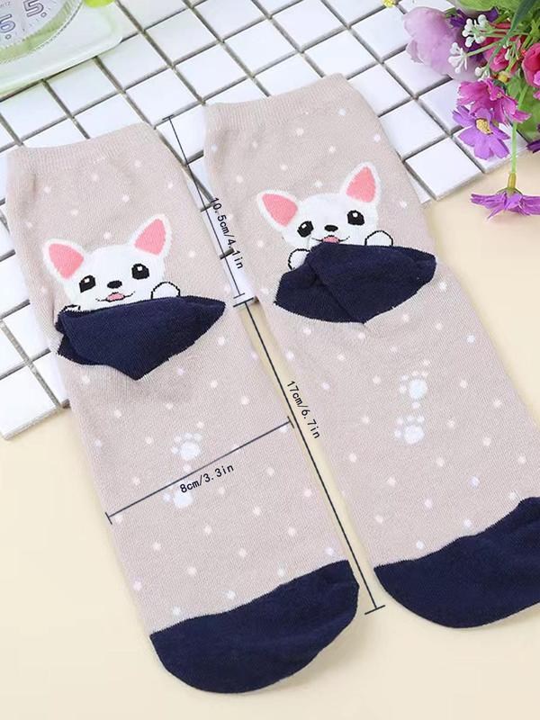 Women's 5 Pairs Cartoon Animal & Stripe Print Crew Socks, Casual Moisture Wicking Socks, Soft Comfy Breathable Socks for All Seasons Daily Wear