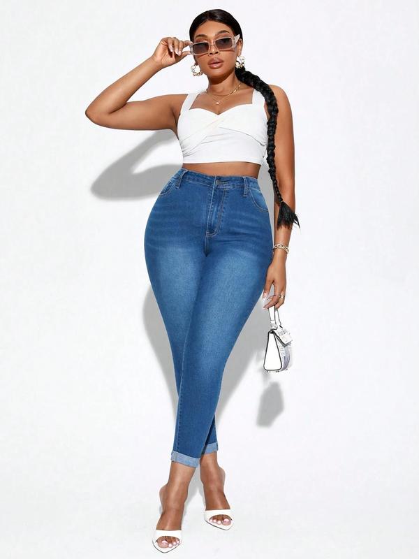 Plus Size Women's Plain High Waist Pocket Vintage Skinny Jeans, Plus Casual Fashion Stretchy Button Denim Pants for Daily Wear, Summer Pants, Summer Bottoms, Women Plus Clothing for Summer