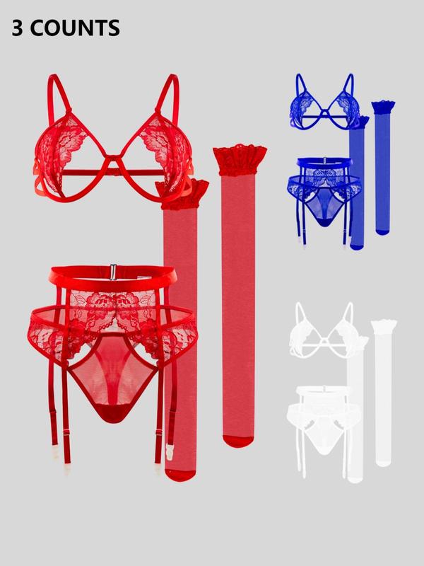 Women's Sheer Floral Lace Sexy Lingerie Set, Elegant Soft Comfortable Breathable Cut Out Bra & Garter Belt & Thong & Stockings for Daily Wear, Fall Wear 2024