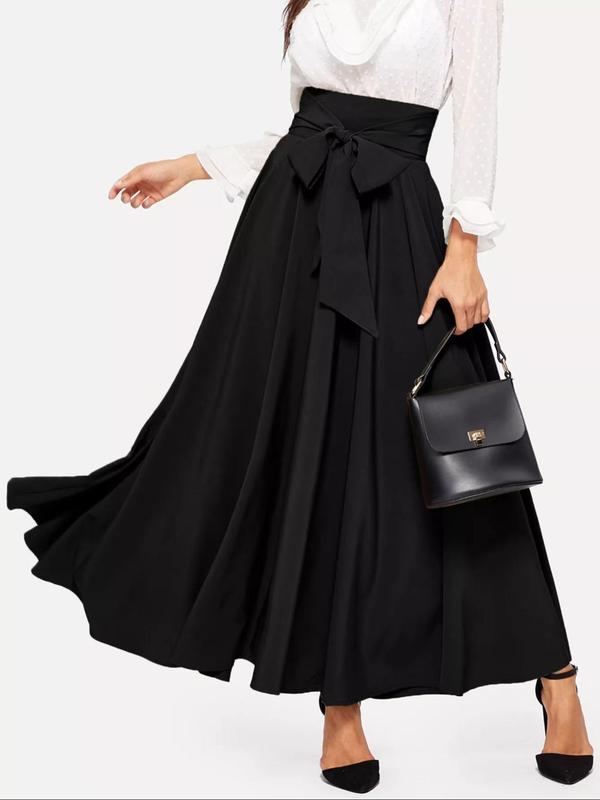 Women's Bow Front High Waist Skirt, Elegant Solid Color Long Skirt for Party Holiday Wedding Guest, Ladies Bottoms for All Seasons