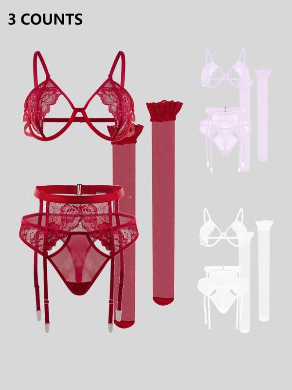 Women's Sheer Floral Lace Sexy Lingerie Set, Elegant Soft Comfortable Breathable Cut Out Bra & Garter Belt & Thong & Stockings for Daily Wear, Fall Wear 2024