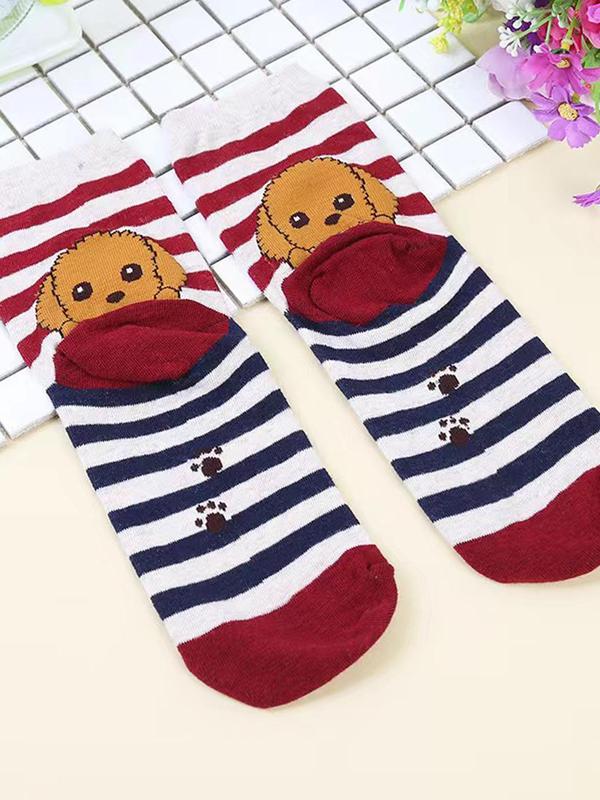 Women's 5 Pairs Cartoon Animal & Stripe Print Crew Socks, Casual Moisture Wicking Socks, Soft Comfy Breathable Socks for All Seasons Daily Wear