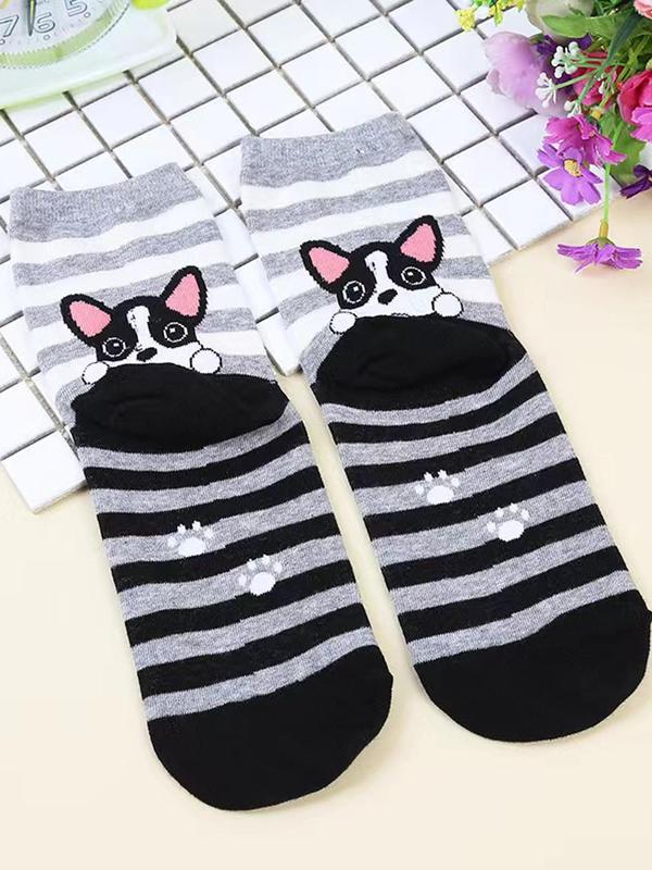 Women's 5 Pairs Cartoon Animal & Stripe Print Crew Socks, Casual Moisture Wicking Socks, Soft Comfy Breathable Socks for All Seasons Daily Wear