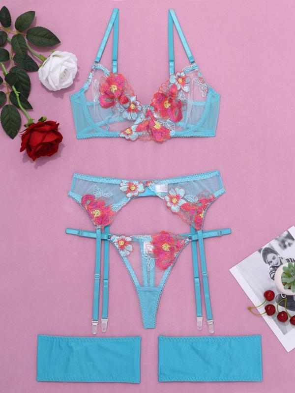 Women's Floral Embroidered Lingerie Set, Elegant Push Up Bra & Thong & Garter Belt, Women Sexy Lingeries & Costumes