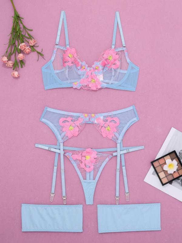 Women's Floral Embroidered Lingerie Set, Elegant Push Up Bra & Thong & Garter Belt, Women Sexy Lingeries & Costumes