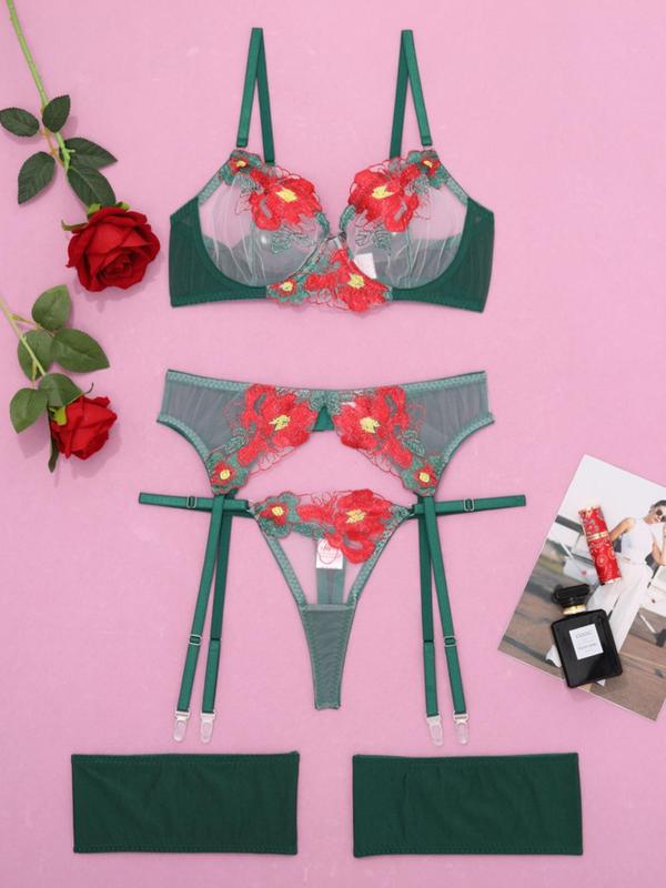 Women's Floral Embroidered Lingerie Set, Elegant Push Up Bra & Thong & Garter Belt, Women Sexy Lingeries & Costumes