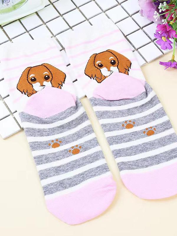 Women's 5 Pairs Cartoon Animal & Stripe Print Crew Socks, Casual Moisture Wicking Socks, Soft Comfy Breathable Socks for All Seasons Daily Wear