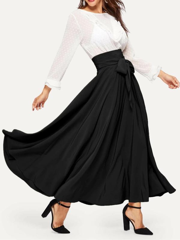 Women's Bow Front High Waist Skirt, Elegant Solid Color Long Skirt for Party Holiday Wedding Guest, Ladies Bottoms for All Seasons