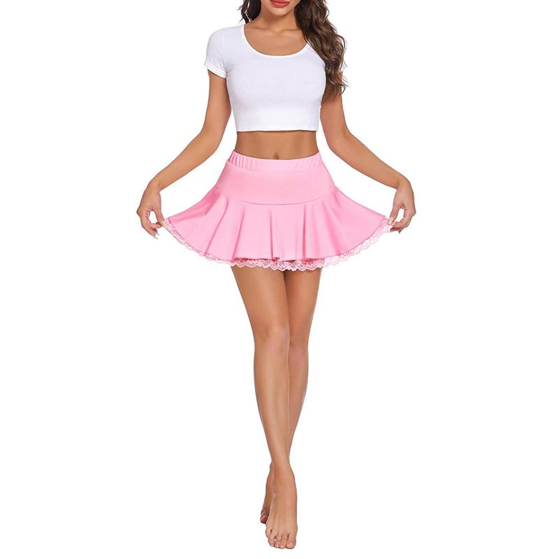 Women's Pleated Mini Skirt A-shaped Flared Outline Lace Ruffles Elastic Waistband Short Skirt